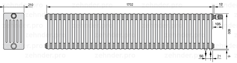 Схема (чертеж) Радиатор Zehnder Charleston 6060/37 №V002 Белый глянцевый RAL 9016